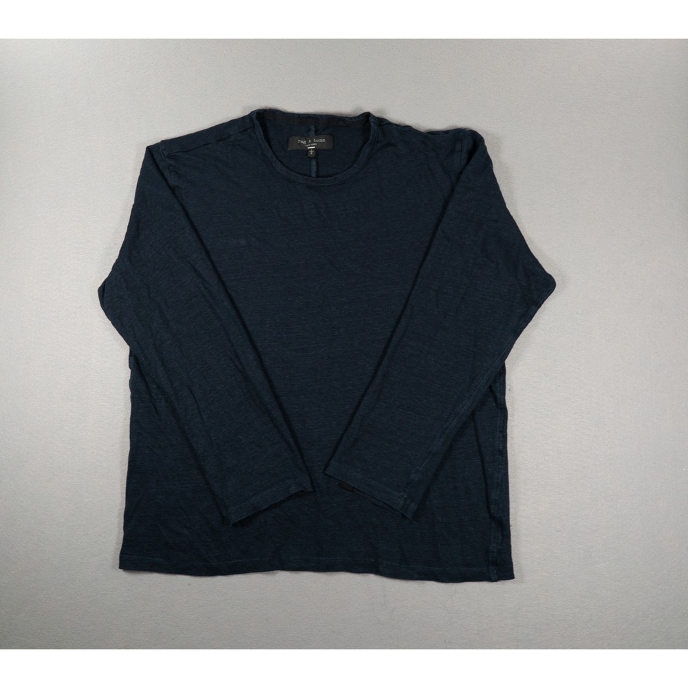 Rag & Bone Mens Navy Blue 100% Linen Long Sleeve Crew Neck T-Shirt Size L